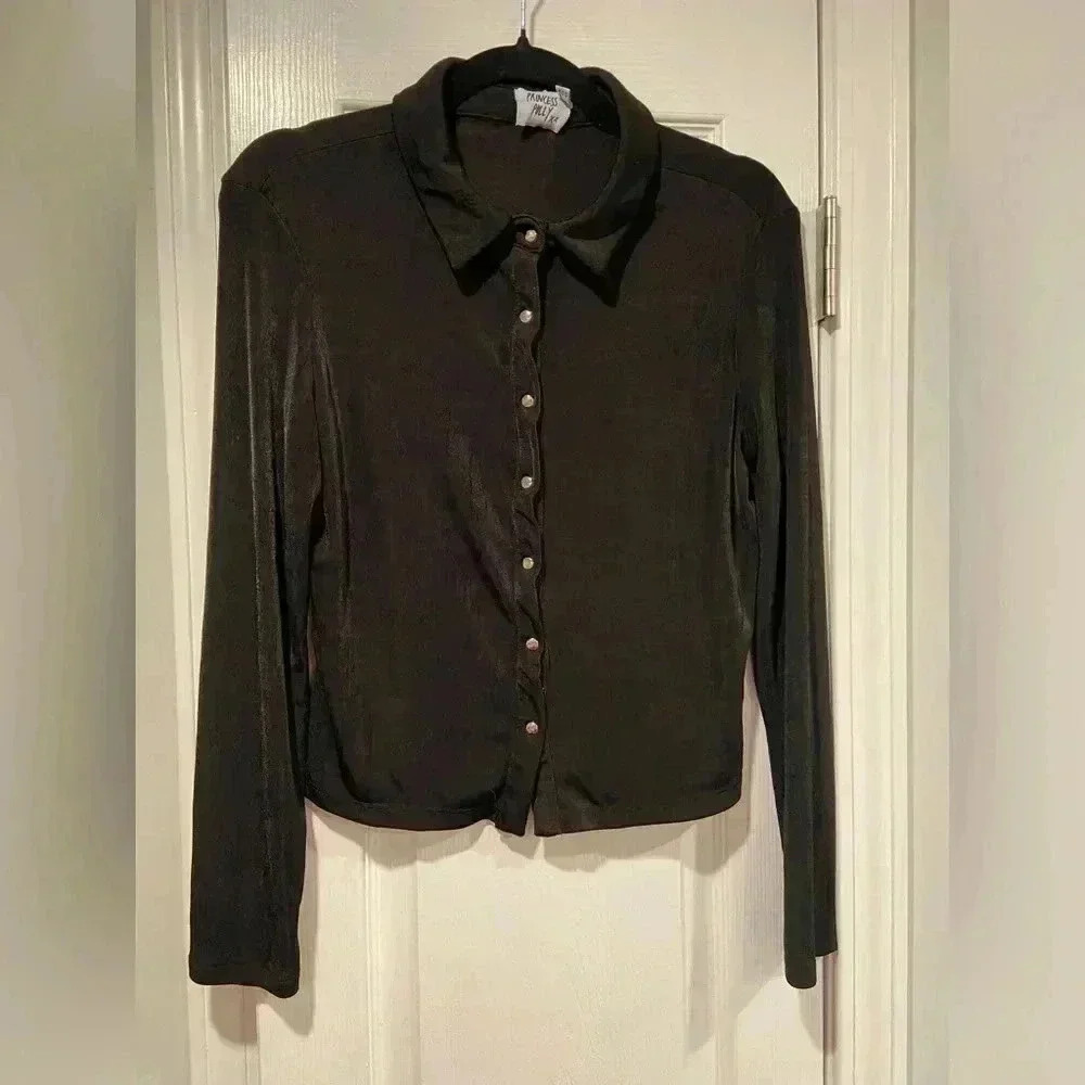 Princess Polly Black Stretchy Snap Front Long Sleeve Collared Top Size 12